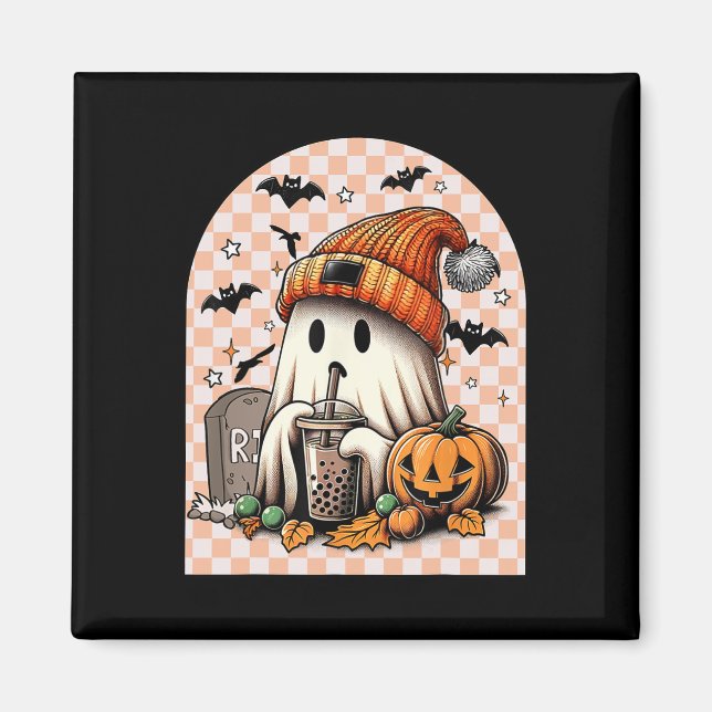 Retro Halloween Cute Ghost Drinking Coffee Pumpkin Magnet (Front)