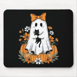 Retro Halloween Cute Ghost Holding Black Cat Flora Mouse Pad