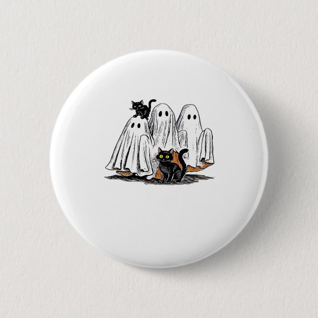 Retro Halloween Ghost and Cat Oversized T-Shirt 2 Inch Round Button (Front)