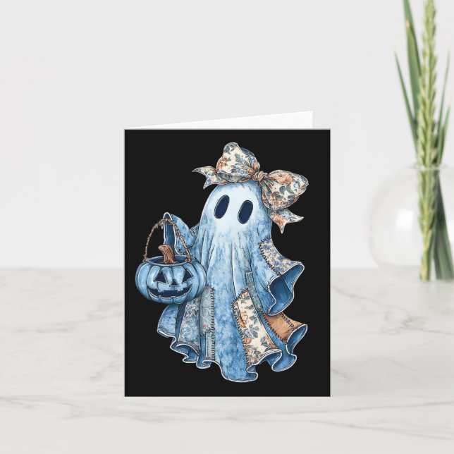 Retro Halloween Ghost Denim Pattern Bow Men Women  Card (Front)