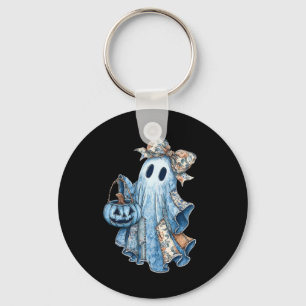 Retro Halloween Ghost Denim Pattern Bow Men Women  Keychain