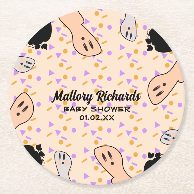 Retro Halloween Ghost Our Little Boo Baby Shower   Round Paper Coaster (Front)