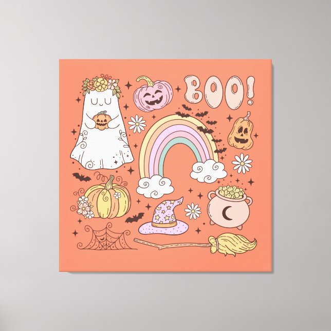 Retro Halloween Ghost Pumpkin Spider Web Witch Hat Canvas Print (Front)