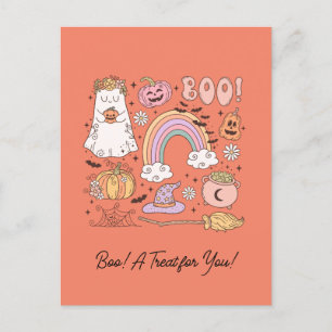 Retro Halloween Ghost Pumpkin Spider Web Witch Hat Postcard