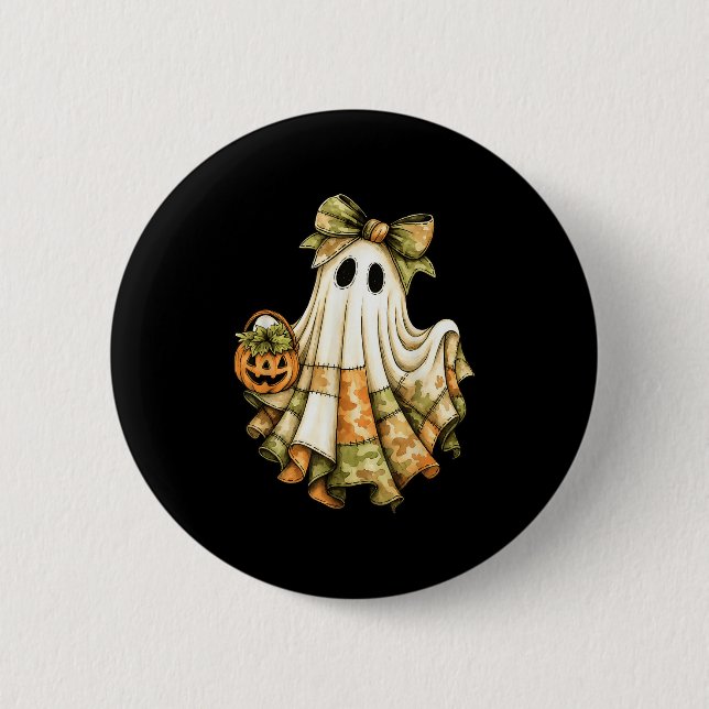 Retro Halloween Green Camo Patchwork Soky Ghost Wo 2 Inch Round Button (Front)