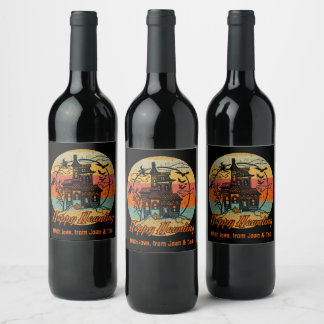 Retro Halloween Happy Haunting Haunted House Wine Label