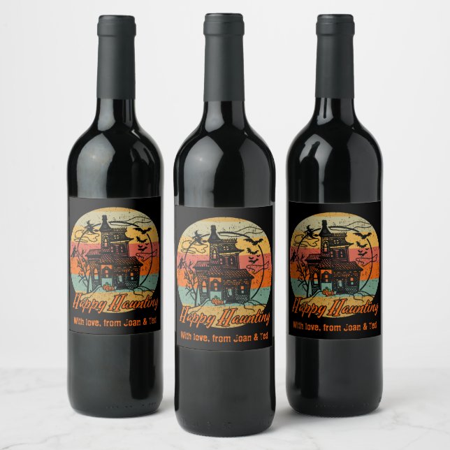 Retro Halloween Happy Haunting Haunted House Wine Label (Bottles)