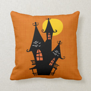 Retro Halloween Haunted House Throw Pillow