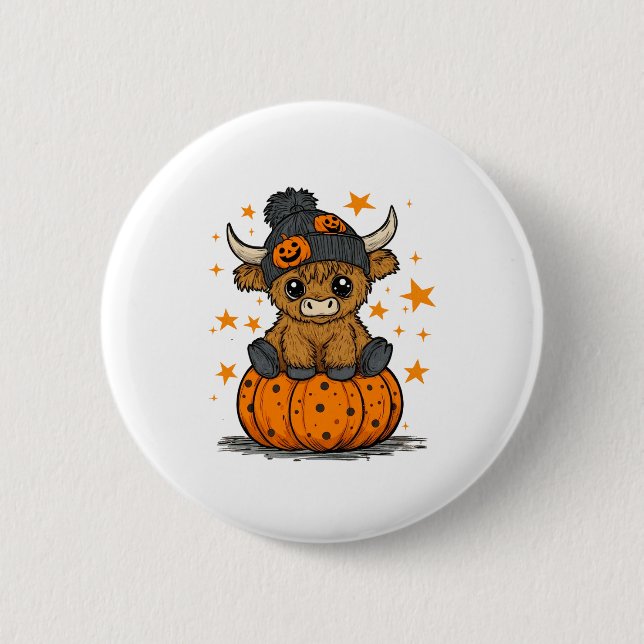 Retro Halloween Highland Cow 2 Inch Round Button (Front)