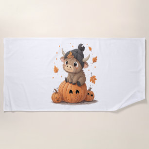 Retro Halloween Highland Cow Beach Towel