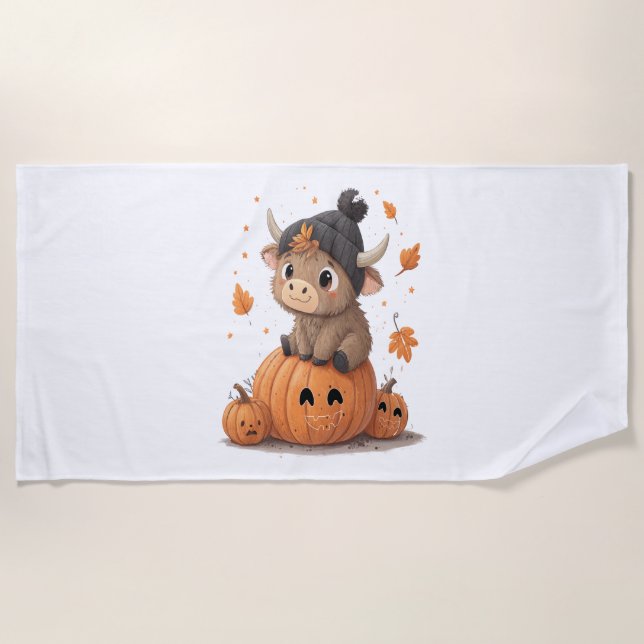 Retro Halloween Highland Cow Beach Towel (Front)