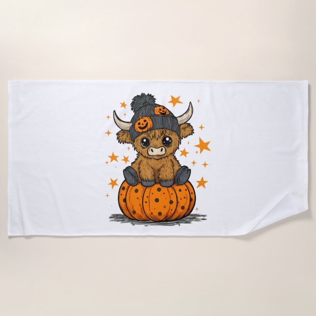 Retro Halloween Highland Cow Beach Towel (Front)