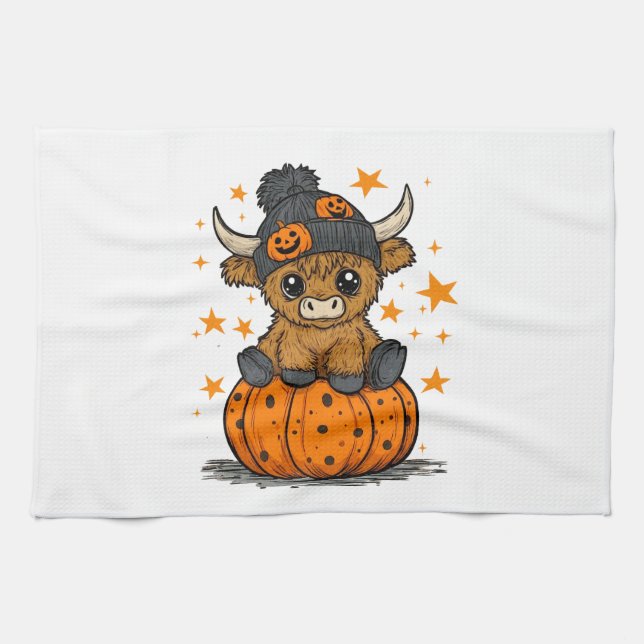 Retro Halloween Highland Cow Kitchen Towel (Horizontal)