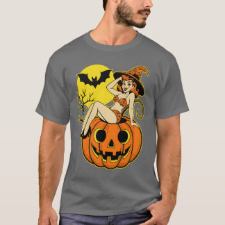 Retro Halloween Pinup Witch on Pumpkin T-Shirt