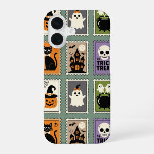 Retro Halloween Postage Stamp Pattern – Cute Ghost iPhone 16 Case