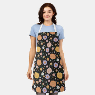 Retro Halloween Pumpkins and Flowers Pattern Apron