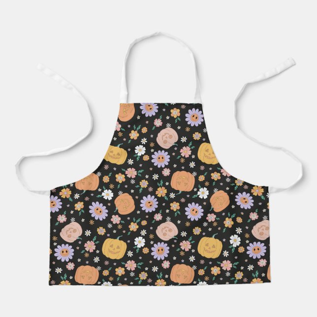 Retro Halloween Pumpkins and Flowers Pattern Apron (Front)