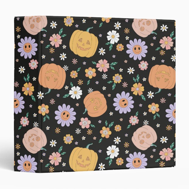 Retro Halloween Pumpkins and Flowers Pattern Binder (Front/Spine)