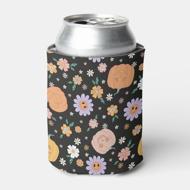 Retro Halloween Pumpkins and Flowers Pattern Can Cooler (Can Front)