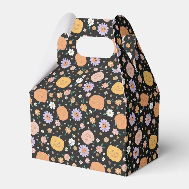 Retro Halloween Pumpkins and Flowers Pattern Favor Box (Front Side)