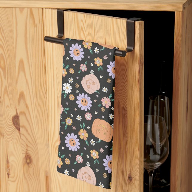 Retro Halloween Pumpkins and Flowers Pattern Kitchen Towel (Thirds Fold)