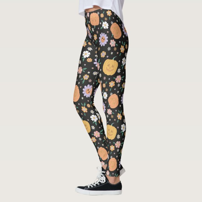 Retro Halloween Pumpkins and Flowers Pattern Leggings (Left)