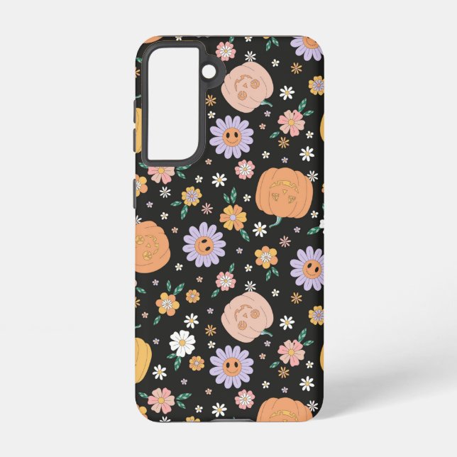 Retro Halloween Pumpkins and Flowers Pattern Samsung Galaxy S21 Case (Back)