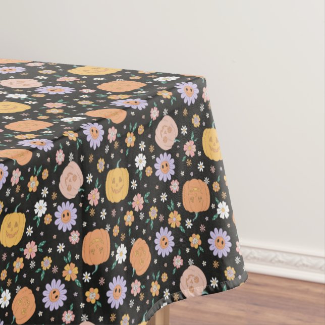Retro Halloween Pumpkins and Flowers Pattern Tablecloth (In Situ)