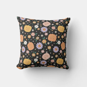 Retro Halloween Pumpkins and Flowers Pattern Throw Pillow
