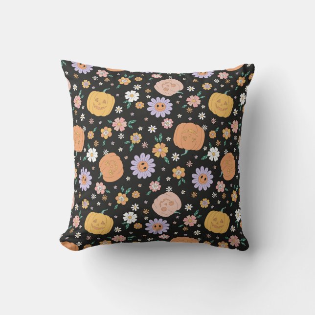 Retro Halloween Pumpkins and Flowers Pattern Throw Pillow (Front)
