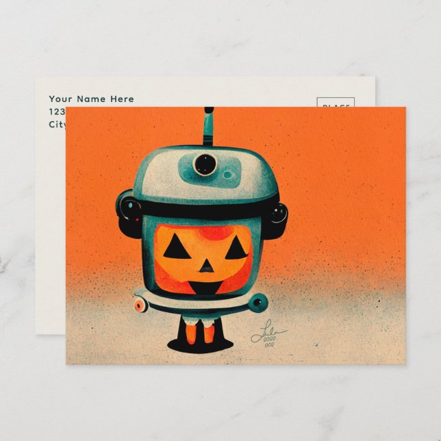 Retro Halloween Robot 002 • Cute Custom Kids Art Postcard (Front/Back)