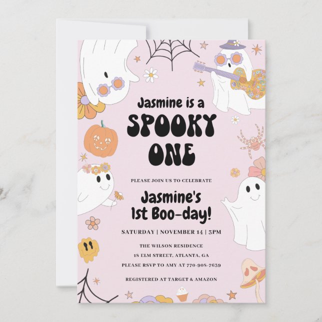 Retro Halloween rose 1er Anniversaire Invitation (Devant)