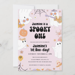 Retro Halloween rose 1er Anniversaire Invitation