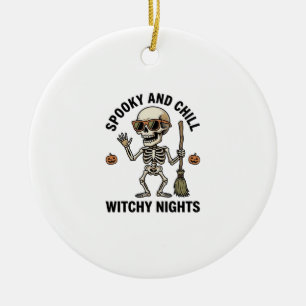 Retro Halloween Skeleton Engraving Witchy Broom Sh Ceramic Ornament