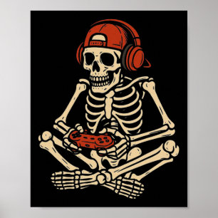 Retro Halloween Skeleton Gamer Video Gaming Boys M Poster