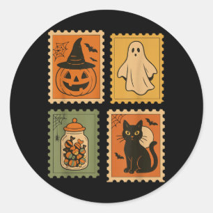 Retro Halloween Stamps Pumpkin Ghost Black Cat Classic Round Sticker