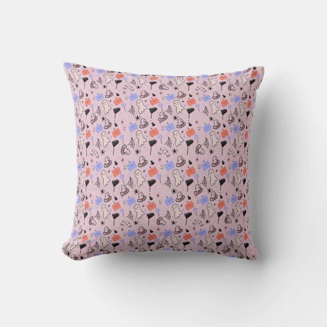 Retro Halloween Vintage Themed Doodles  Pink Throw Pillow (Front)