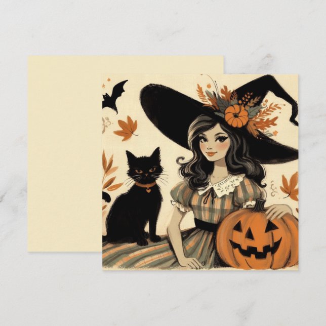 Retro Halloween Witch and Black Cat Cute Card (Front/Back)