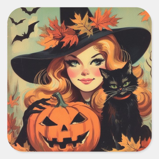 Retro Halloween Witch and Black Cat Spooky Square Sticker (Front)