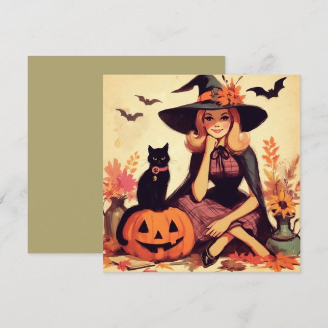 Retro Halloween Witch and Black Flat Greeting Card (Front/Back)