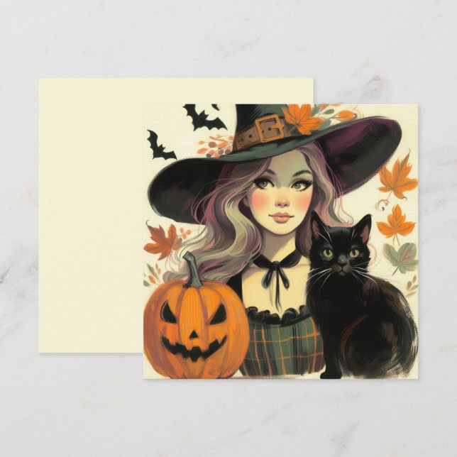 Retro Halloween Witch and Black Flat Greeting Card (Front/Back)