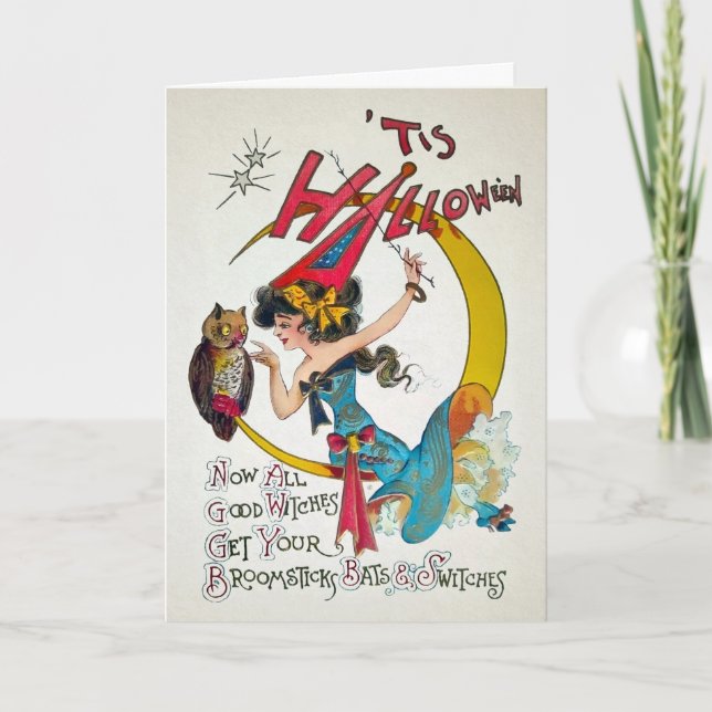 Retro Halloween Witch and Owl Card (Front)