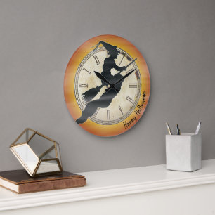 Retro Halloween Witch on a Broom Large Clock