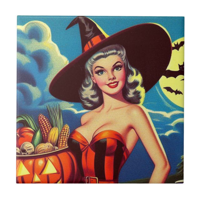Retro halloween Witch Pin-up Tile (Front)