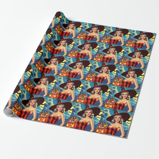Retro halloween Witch Pin-up Wrapping Paper (Unrolled)
