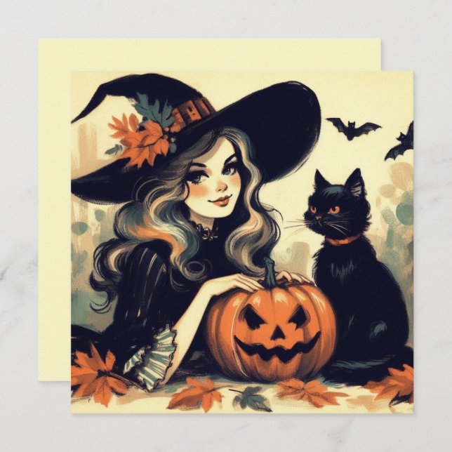 Retro Halloween Witch with Black Cat and Pumpkin Card (Front/Back)