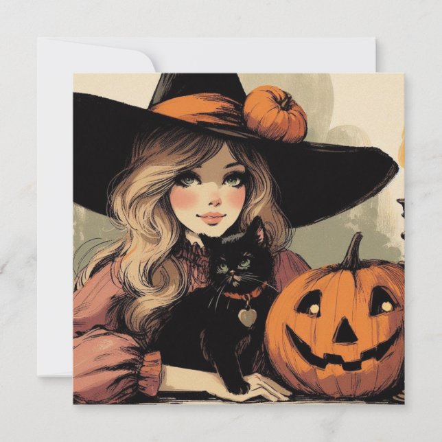 Retro Halloween Witch with Black Cat and Pumpkin  Card (Front)