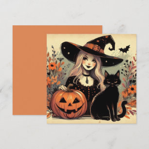Retro Halloween Witch with Black Cat and Pumpkin Card