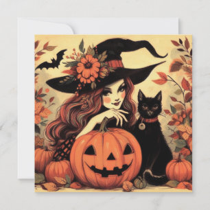 Retro Halloween Witch with Cat Flat Greeting Card