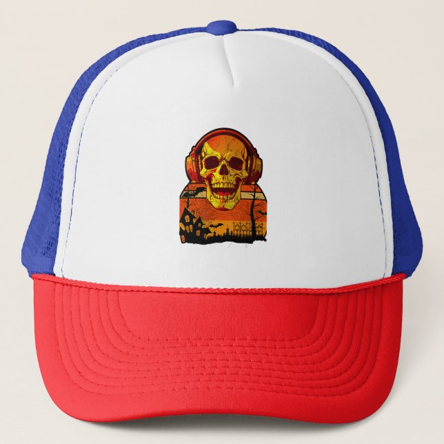 Retro Hallowen Skull Sticker Trucker Hat (Front)